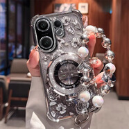 福順奢白鹿同款適用vivos30promini手機殼閃粉花朵s20pro高級s19磁吸支架s18pro女款四角防摔保護套 氣囊【電鍍銀閃粉白花】閃粉磁吸支架+手鏈 vivo S30 Pro mini