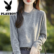 花花公子（PLAYBOY）洋氣歐貨釘珠小香風(fēng)針織衫女圓領(lǐng)套頭打底衫寬松顯瘦秋冬低領(lǐng)毛衣 中灰色 L 110-120