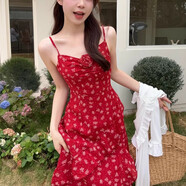 SKYHEART2025夏紅碎花吊帶連衣裙女純欲辣妹風不規(guī)則開叉長裙 紅色 AH0968 均碼