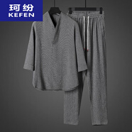 珂紛居士服男佛教中國風冰絲唐裝套裝夏季復(fù)古改良漢服新中式短袖t恤 422灰色套裝 422灰色套裝 M