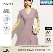 AMII法式復(fù)古a字連衣裙女夏季新款赫本風(fēng)顯瘦V領(lǐng)修身裙子 灰紫 S 155/80A