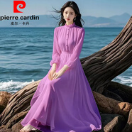 皮爾卡丹（pierre cardin）時(shí)尚雪紡連衣裙2025新款純色長(cháng)袖高級感度假沙灘海邊拍照長(cháng)裙 紫色 M