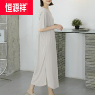 恒源祥2025新款冰絲V領(lǐng)短袖純色長裙女夏季薄款外穿a字裙顯瘦開叉連衣裙 灰色 XL 120-150斤