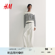 H&M女裝毛針織衫夏季慵懶風圓領長袖打底衫短款外套0579541 白色/黑色條紋 S 160/88