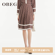 OBEG歐碧倩設計感時(shí)尚印花半裙春及膝減齡百褶裙出游穿搭10463036 沙褐色 S /160/36