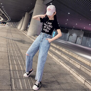 木清清2024女童夏裝薄款時(shí)尚中大童女孩休閑短款上衣t恤破洞牛仔褲套裝 黑色 110 cm