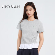 金苑2025夏季新款假兩件拼接網(wǎng)紗花邊短袖T恤女上衣潮F252129 灰色 均碼