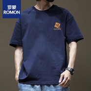羅蒙復(fù)古純棉短袖t恤男士半袖夏季寬松大碼潮牌體恤胖子加肥加大 藏藍(lán)色-3488短袖 S 【建議90-115斤】