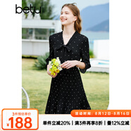 百圖betu女裝春夏新款連衣裙七分喇叭袖飄帶壓褶連衣裙女2302T70 黑色 XS
