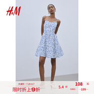 H&M女裝連衣裙夏季露肩喇叭裙擺碎花印花吊帶裙短裙連身裙1231427 白色/藍色花卉 XL 170/116