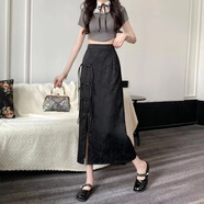 新中式提花半身裙女2025春夏國風(fēng)高腰包臀開(kāi)叉長(cháng)裙a字裙 黑色 【精品質(zhì)量】 S 建議75-90斤