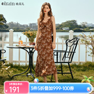 Olrain歐芮兒吊帶碎花連衣裙夏季女裝浪漫優(yōu)雅長裙子度假沙灘裙 水仙咖 M