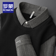 羅蒙（ROMON）高檔輕奢刺繡假兩件針織衫男士秋冬保暖上衣加絨加厚襯衫領(lǐng)毛衣男 常規(guī)款-黑色 L 碼(建議110-120斤)