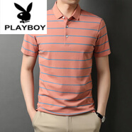花花公子（PLAYBOY）夏季新款短袖t恤男純棉polo領衫翻領條紋體恤中年爸爸上衣T 88123桔色 XL 175建議140-155斤