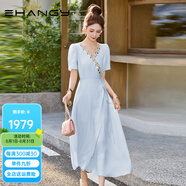 Ehangy輕奢品牌2025年夏季新款連衣裙女設(shè)計(jì)感復(fù)古釘珠V領(lǐng)收腰清新裙子 藍(lán)色 M