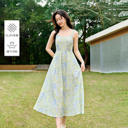 茵曼（INMAN）植物花卉印花女裝V領(lǐng)吊帶連衣裙2025春季新品a字裙子 青綠江山 M
