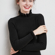 溥畔春季毛衫木耳荷葉邊毛衣女花邊袖打底衫加厚針織衫批 黑色 S