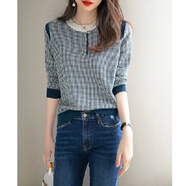翎悅針織衫女2025春秋新款時(shí)尚長(cháng)袖黑白格子洋氣百搭寬松打底衫上衣女 藏青色 XL 建議110-130斤
