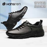 HANG TEN歡騰男鞋高端輕奢運動(dòng)鞋皮鞋2025戶(hù)外真皮秋季透氣休閑鞋男士跑鞋 黑色四季款 【官方正品】 42