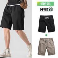 我的速度休閑短褲男夏季外穿夏天純棉松緊腰中褲寬松馬褲過膝男士五分褲子 黑色+卡其灰【2件裝更劃算】 2XL