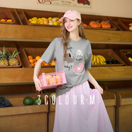 三彩2025夏季新款圓領(lǐng)落肩中袖萌寵印花T恤寬松休閑套頭上衣M