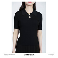 哥弟（GIRDEAR）女裝夏裝T恤純色上衣POLO領(lǐng)套頭短袖針織衫1399622 黑色 S 2碼