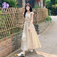 OTST大碼法式小飛袖波點(diǎn)連衣裙女夏季高腰設(shè)計(jì)感減齡氣質(zhì)顯瘦a字裙子 杏色 S 適合60-85斤
