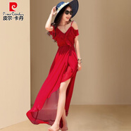 皮爾卡丹（pierre cardin）女裝紅色連衣裙子2025新款春秋雪紡夏季高端吊帶禮服沙漠沙灘拍照 紅色 L