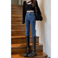 薩拉維夫 SLLAVIF2025年新款冬季高腰加絨深藍色牛仔褲女修身顯瘦緊身小腳毛邊靴褲 深藍色(長褲)春秋 25