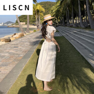 LISCN夏季新款三亞海邊度假盛夏露背泡泡袖顯瘦A字抽繩收腰連衣裙 白色 S