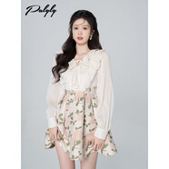 Palglg荷葉邊高腰提花長(cháng)袖v領(lǐng)連衣裙女春裝雪紡法式宮廷風(fēng)蓬蓬公 XS