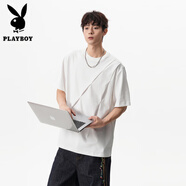 花花公子（PLAYBOY）cleanfit立體斜褶剪裁短袖男女夏季寬松boxy版型百搭情侶半袖t恤 白色 XL (推薦130-145斤)