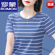 羅蒙2025年新款夏季短袖T恤女裝大碼顯瘦中年媽媽半袖衫寬松遮肚上衣 298~藍(lán)色+女裝十大品牌 3XL 建議145-160斤