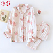 浪莎（LangSha）清爽棉紗長(cháng)袖睡衣女士套裝春秋夏季全棉麻紗布家居服薄款2025 粉色桃子紗布長(cháng)套HLL M 建議90-105斤身高155-160