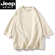 JEEP SPIRIT300g重磅美式高街純色寬松落肩圓領(lǐng)棉七分袖T恤短袖夏季休閑半袖 杏色 M (建議100-120斤)