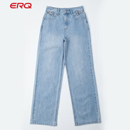 李紳erq 女式多色中腰直筒褲闊腿牛仔長(cháng)褲棉無(wú)彈901088 淺藍色 S