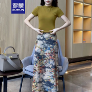 羅蒙（ROMON）法式好看時(shí)尚碎花半身裙女春夏高腰遮跨顯瘦印花開叉包臂裙 黃后綁帶上衣+宮廷油畫半身裙 L 110-120