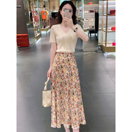 BJORN MOAN雪紡兩件套女2026夏裝新款氣質(zhì)碎花連衣裙半身裙套裝長(cháng)裙V領(lǐng)顯瘦 杏色上衣+碎花半身裙 L 建議110-120斤