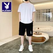 花花公子;PLAYBOY冰絲涼感抗皺套裝男2025夏季新款短袖短褲休閑簡約百搭舒適運動服 0858白色 M