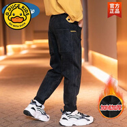 G.duck男童加絨牛仔褲秋冬裝中大童韓版一體絨加厚褲子男孩洋氣兒童褲潮 黑色字母繡花牛仔褲 【冬款加絨 160 建議身高155cm左右