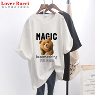 LOVER RUCCI法國高端女寬松大碼中長款100%棉t恤短袖白t顯瘦圓領(lǐng)睡衣下衣失蹤 白色字母熊 L