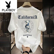 花花公子（PLAYBOY）夏季潮流中年高品質(zhì)男士短袖T恤爸爸休閑圓領(lǐng)印花打底衫百搭上衣 短袖-白色【大印花熊】單面 4XL