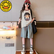 G.DUCK童裝女童套裝夏裝2025新款中大童兒童洋氣短袖牛仔中褲兩件套 咸菜綠小女孩短袖+牛仔中褲 130 建議身高130以下