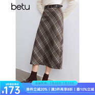 百圖betu女裝冬季新款半身裙直筒復古格紋百搭顯瘦裙子女2410D04 咖格 M