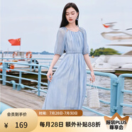 香影溫柔風(fēng)粉色連衣裙女2025夏季新款超好看五分袖海邊度假沙灘裙 藍(lán)色 XL