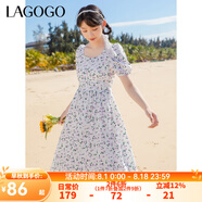 lagogo法式方領(lǐng)泡泡袖連衣裙女拉谷谷春夏新款碎花系帶收腰長裙 混色（Y0） M 160/38
