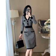 JK&JS2025秋冬內搭修身中長(cháng)款針織連衣裙女小香風(fēng)毛衣裙子 黑色 XL