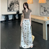 希蘇隆yy潮流精品女裝嚴(yán)選氣質(zhì)收腰顯瘦V領(lǐng)正肩短袖T恤女夏季蝴蝶印花半 裙子 S 【80-90斤】