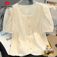 皮爾卡丹（PIERRE CARDIN）法式泡泡袖蕾絲上衣女夏季2025新款氣質雪紡襯衫短袖大碼女裝小衫 杏色 M （90-105斤）