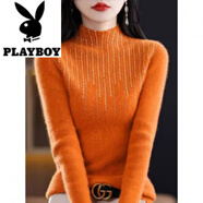 花花公子（PLAYBOY）半高領(lǐng)鑲鉆針織衫秋冬高端別致修身顯瘦保暖百搭長(zhǎng)袖套頭打底毛衣 橙色 S 建議80-95斤